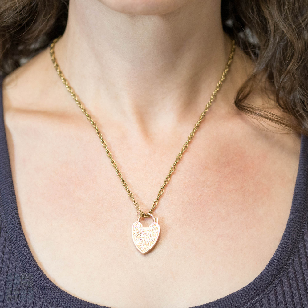 Large Antique Engraved 9ct Gold Heart Padlock, Love Heart Lock Pendant.
