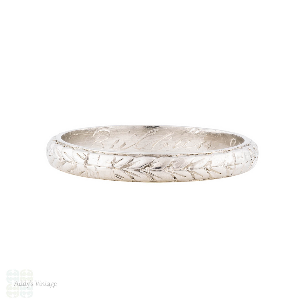 Antique Engraved Laurel Platinum Wedding Ring Dated 30.6.95. Size Q / 8.25.
