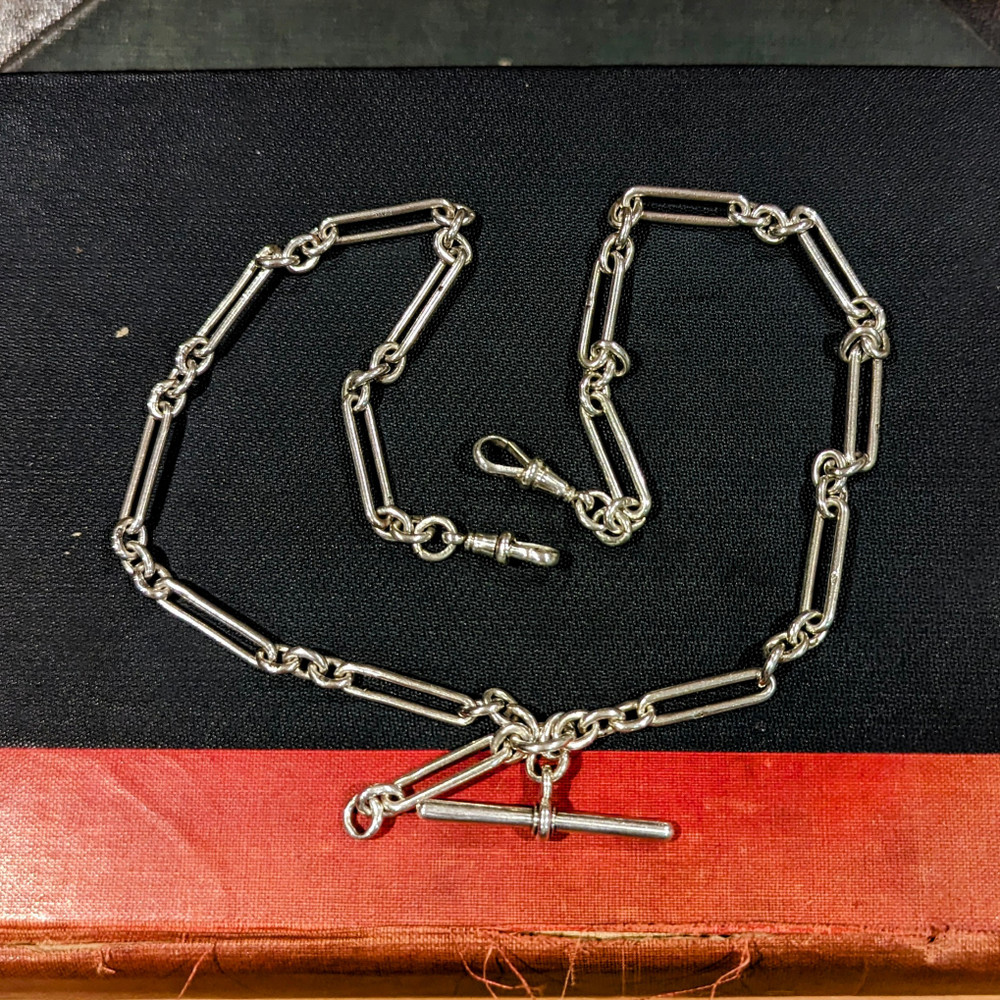 Antique Sterling Silver Chunky Trombone Link Albert Watch Chain, 21.25" 