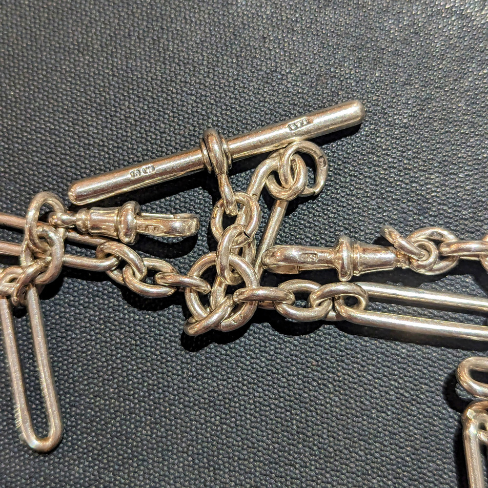 Antique Sterling Silver Chunky Trombone Link Albert Watch Chain, 21.25" 