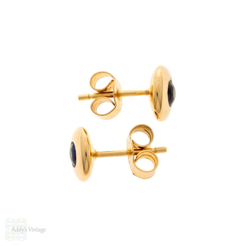 Antique Sapphire Flush Bezel Set 18ct Gold Stud Earrings.