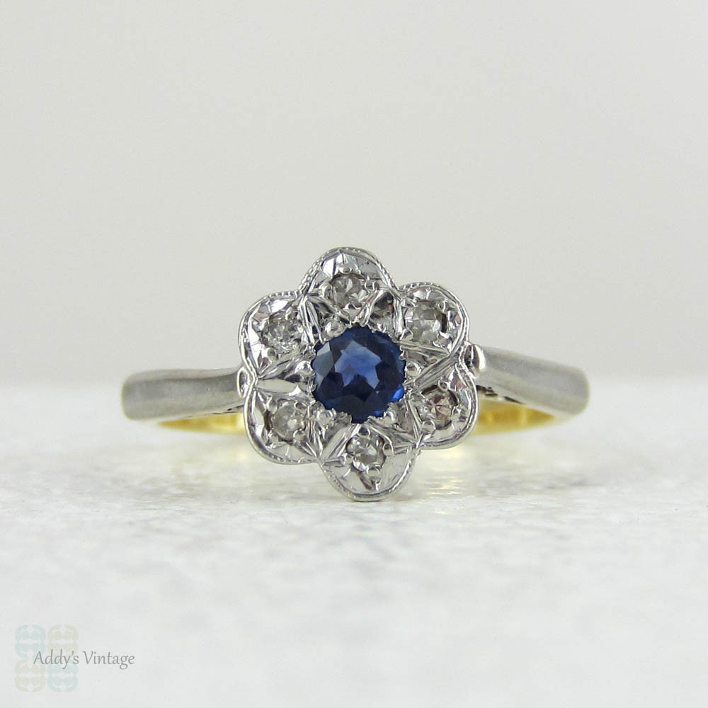 Sapphire & Diamond Daisy Engagement Ring, Vintage Diamond Ring. Flower Shaped Cluster Ring in 18 Carat and Platinum.
