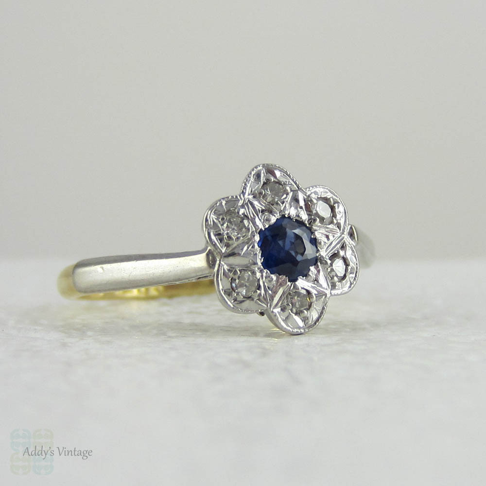 Sapphire & Diamond Daisy Engagement Ring, Vintage Diamond Ring. Flower Shaped Cluster Ring in 18 Carat and Platinum.