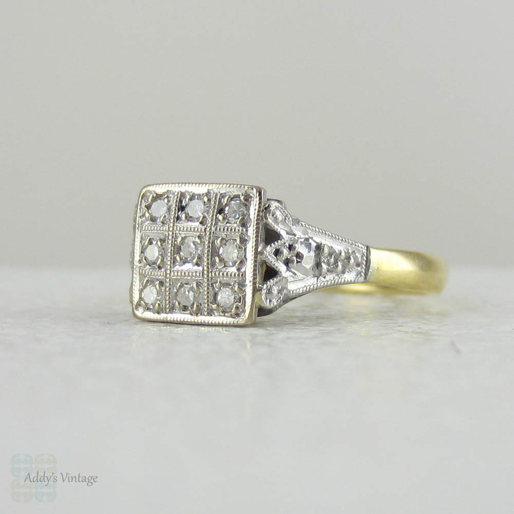Bold Art Deco Diamond Ring, Square Shaped Vintage Engagement Ring. Cluster Ring with Milgrain Beading, Circa 1930s.
