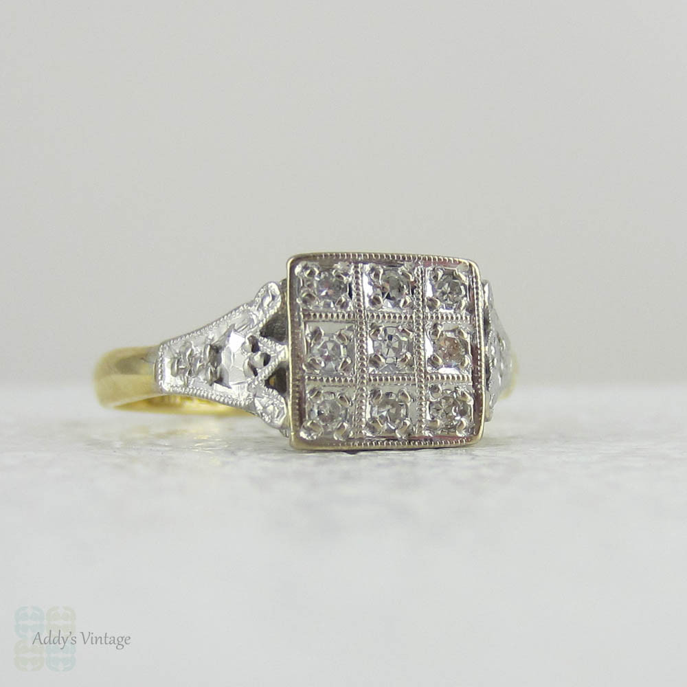 Bold Art Deco Diamond Ring, Square Shaped Vintage Engagement Ring. Cluster Ring with Milgrain Beading, Circa 1930s.