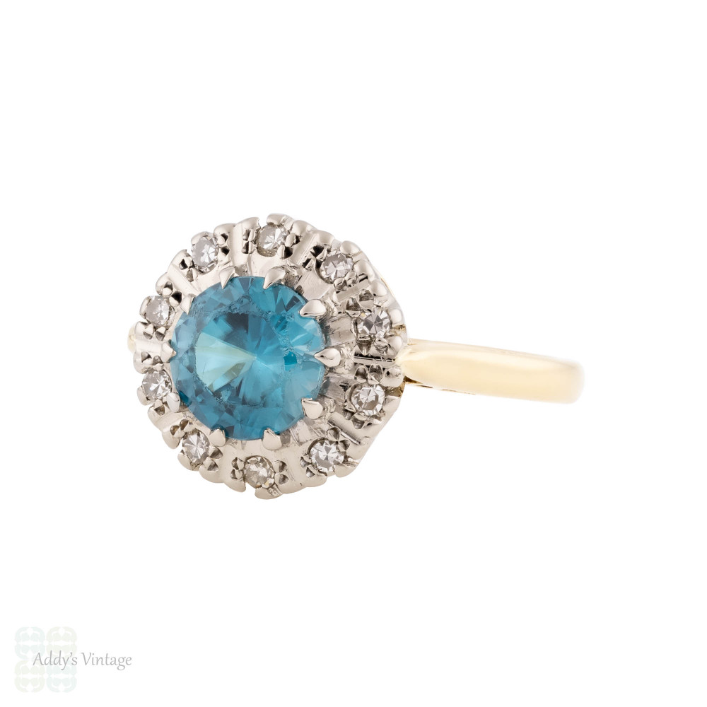 Vintage Blue Zircon & Diamond Halo 18ct Gold 1960s Ring.
