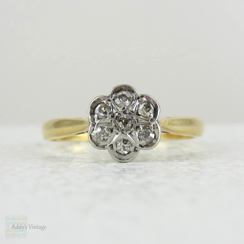 Antique Diamond Daisy Cluster Ring, Pretty Edwardian Engagement Ring in Yellow Gold and Platinum.