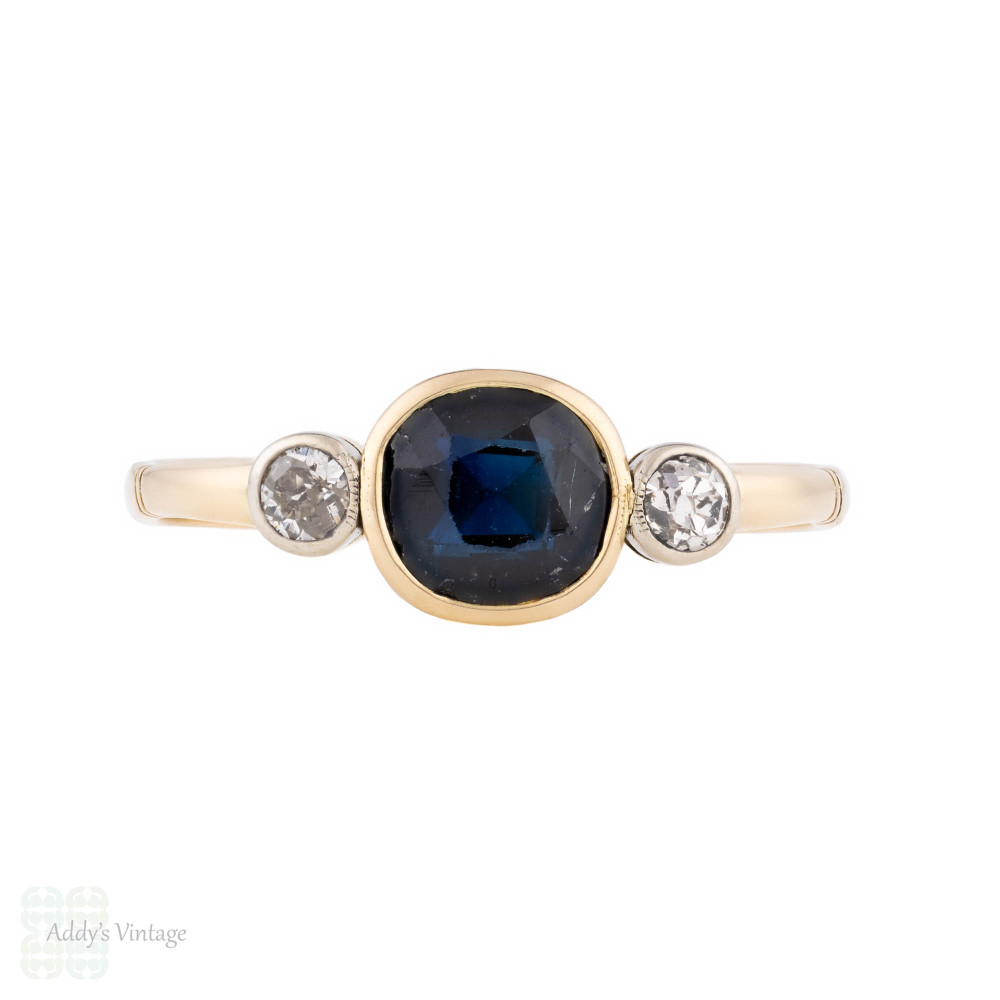 Antique Sapphire & Old Cut Diamond Three Stone Ring, 18ct Gold.