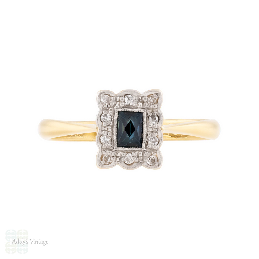 Vintage 1920s French Cut Sapphire & Diamond Halo Engagement Ring, 18ct & PLAT.