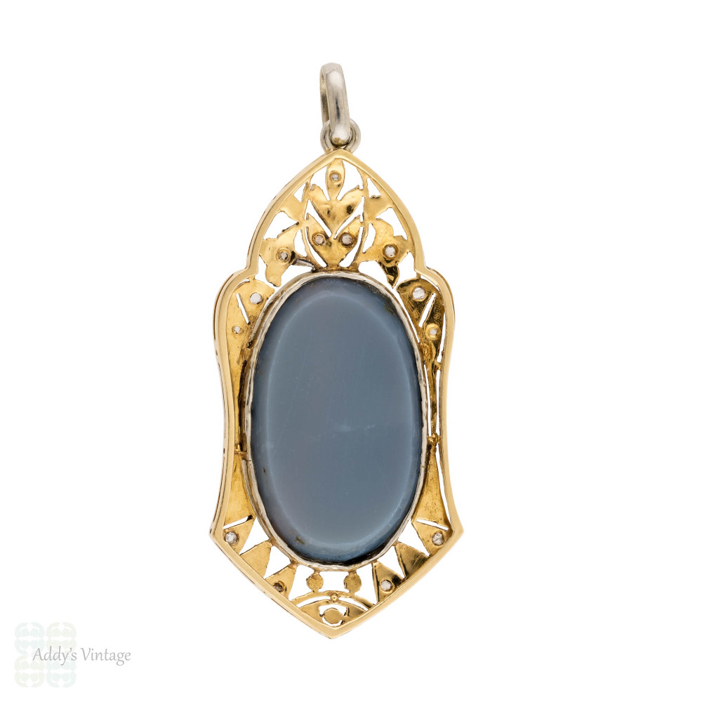 Antique Opal & Diamond Floral Filigree Pendant, 14ct 14k Gold.