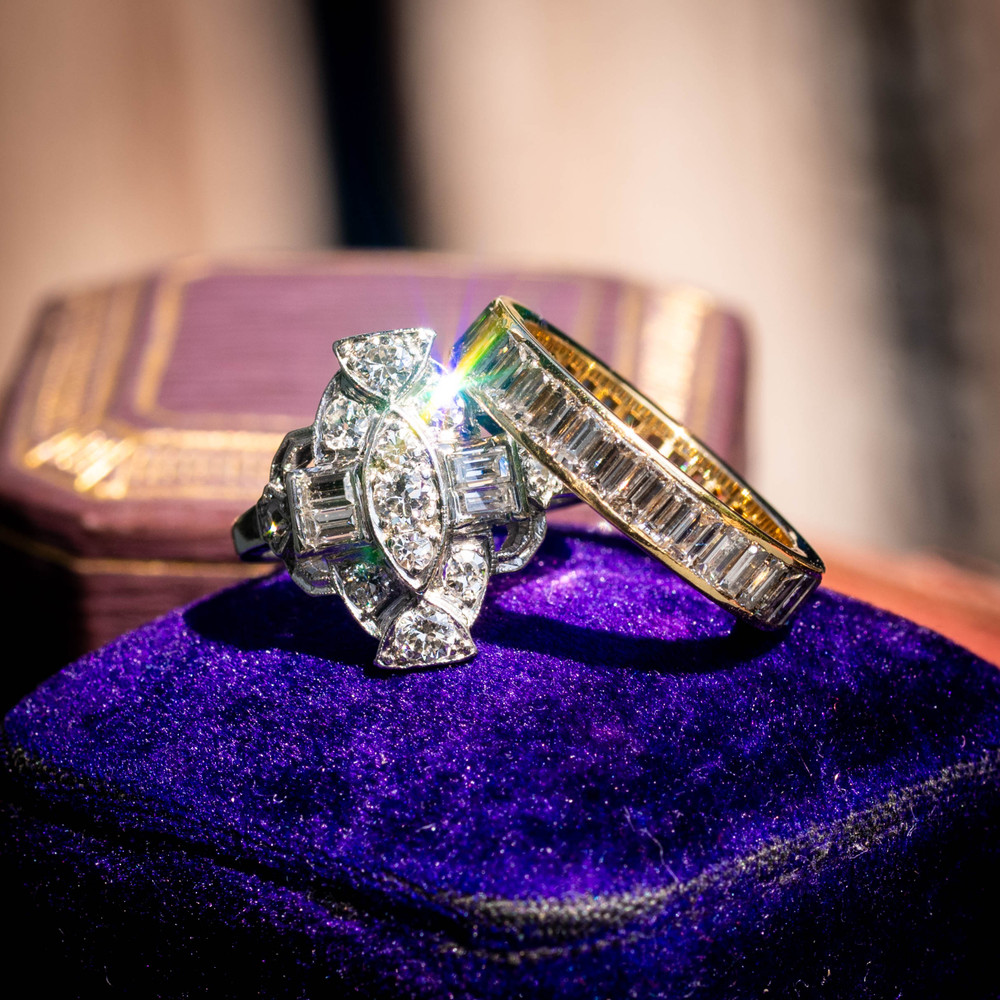 Art Deco Platinum Diamond Cocktail Ring with Baguettes, 0.60ctw.