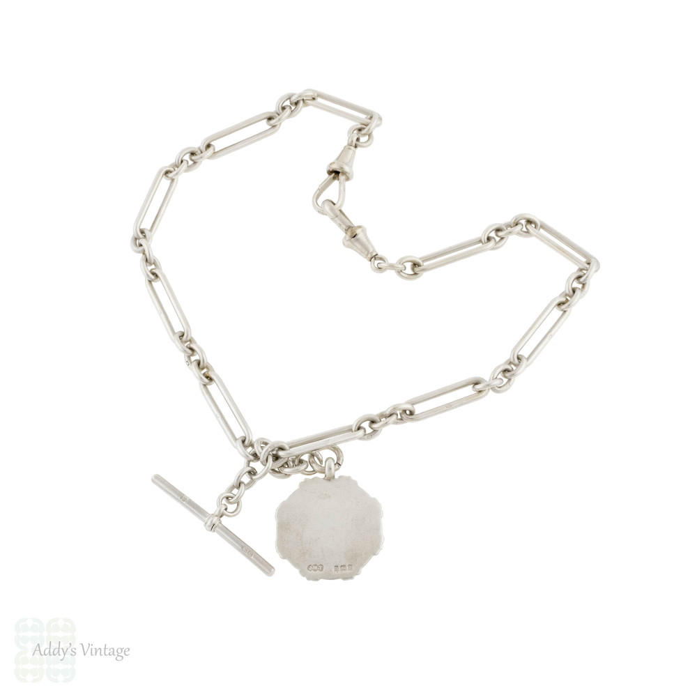 Art Deco Sterling Silver Trombone Link Chain Necklace with Medallion, 37 cm / 14.5 inches.
