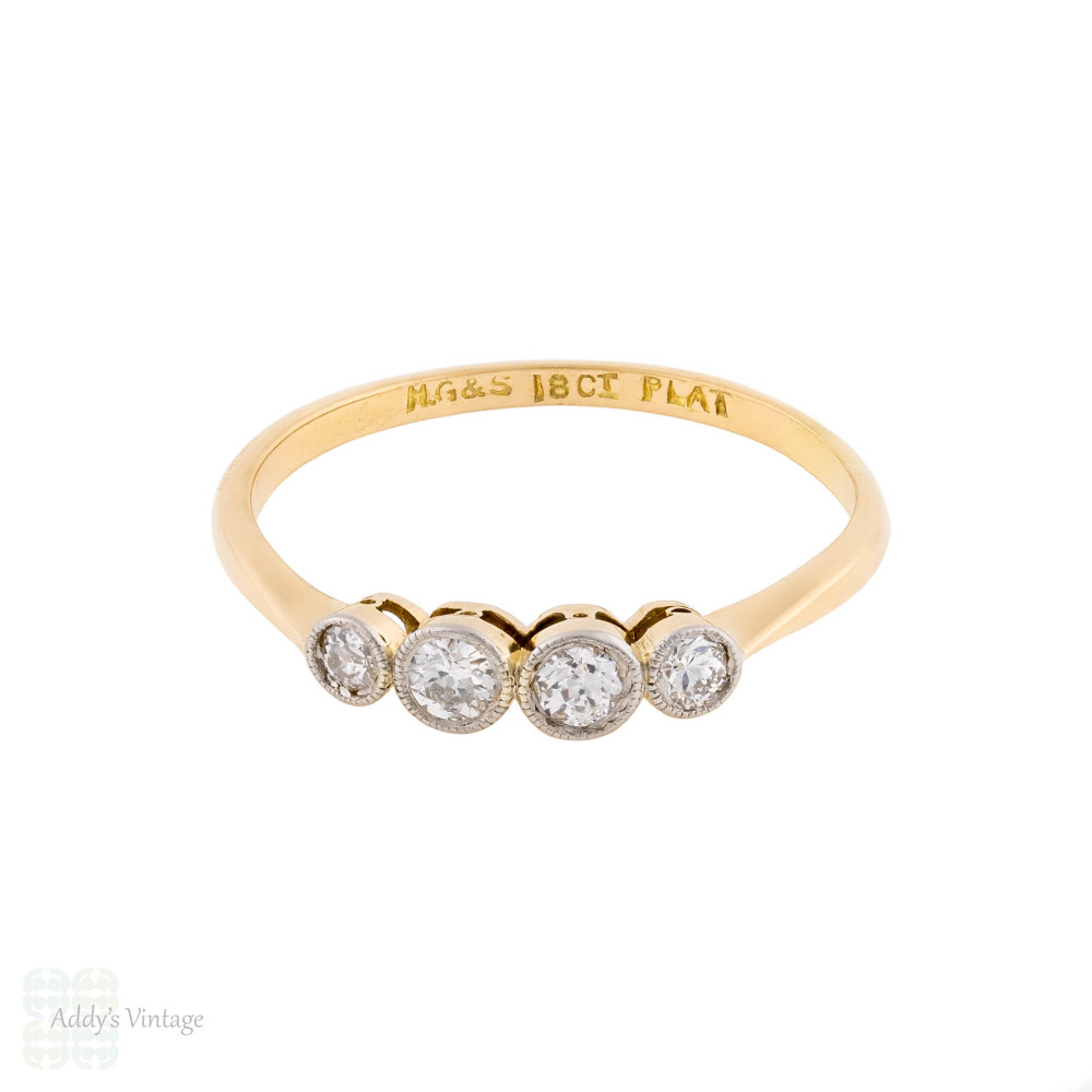 Antique Diamond Four Stone Diamond Ring, Bezel Set 18ct & PLAT.