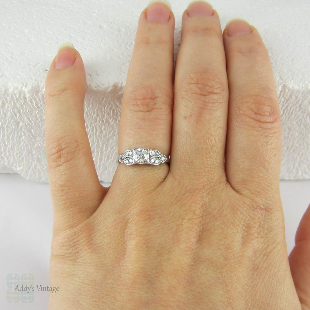 Art Deco Diamond Engagement Ring, Old European Cut Diamond Set in Platinum Double Row Geometric Setting, Circa 1930s.