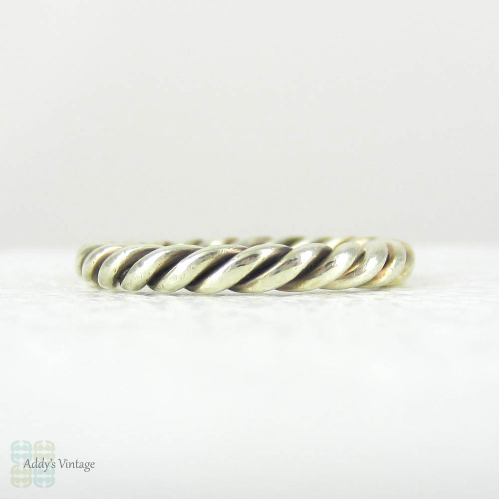 Vintage Twisted Rope Wedding Ring, 9 Carat White Gold Narrow Court Comfort Fit Wedding Band with Braided Rope Design. Size H.75 / 4.25.