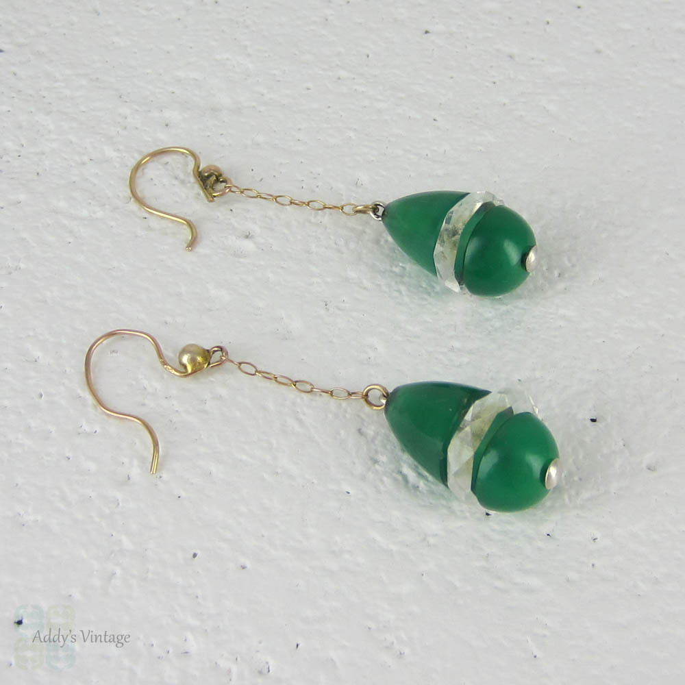 Art Deco Aventurine & Rock Crystal Drop Earrings, Beautiful 1930s Green Chalcedony Quartz in 9 Carat Gold & Silver.
