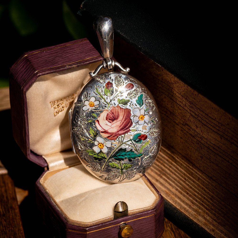 Antique Victorian Enamel Floral Sterling  Silver Locket, Circa 1880s.