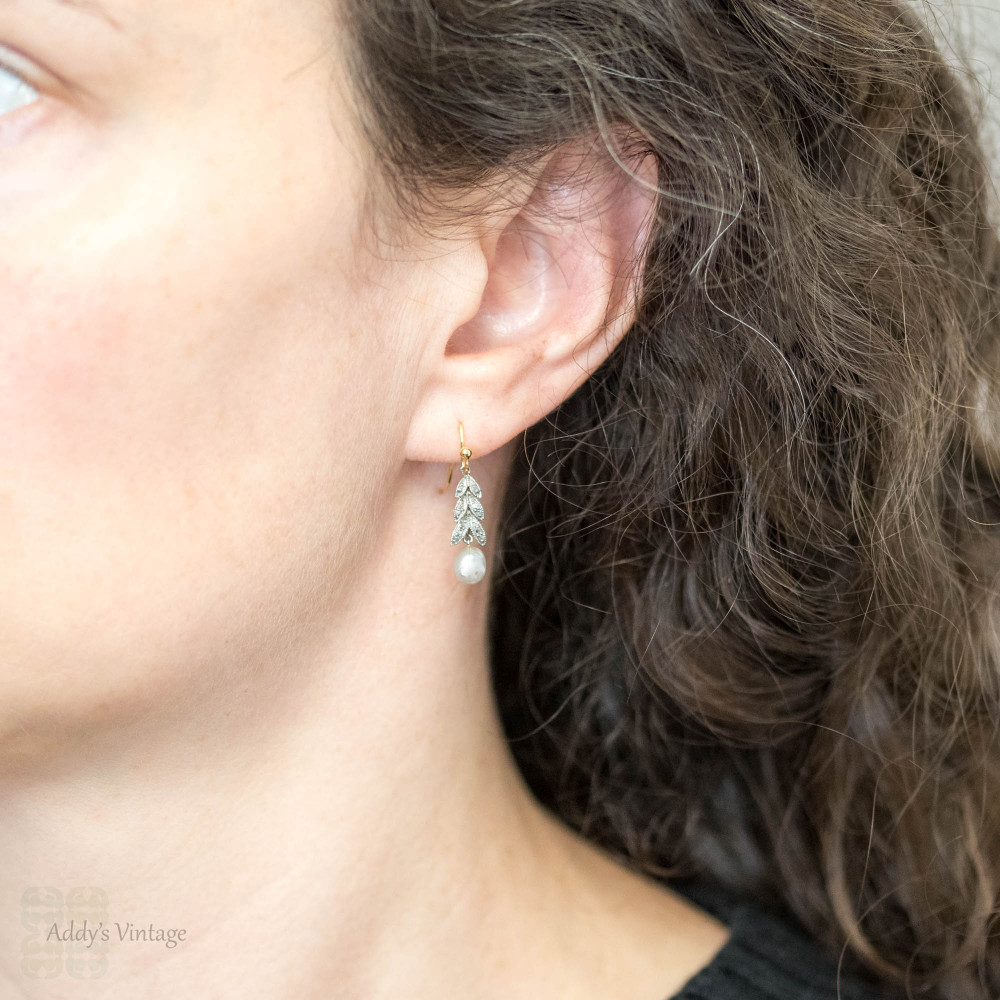 Antique Cultured Pearl & Diamond Leaf Drop Earrings, 9ct & Silver.