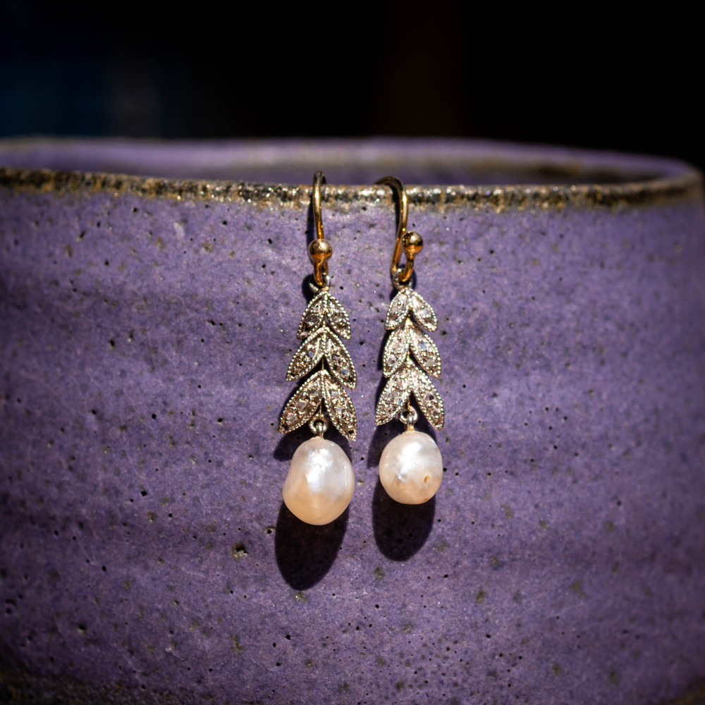 Antique Cultured Pearl & Diamond Leaf Drop Earrings, 9ct & Silver.