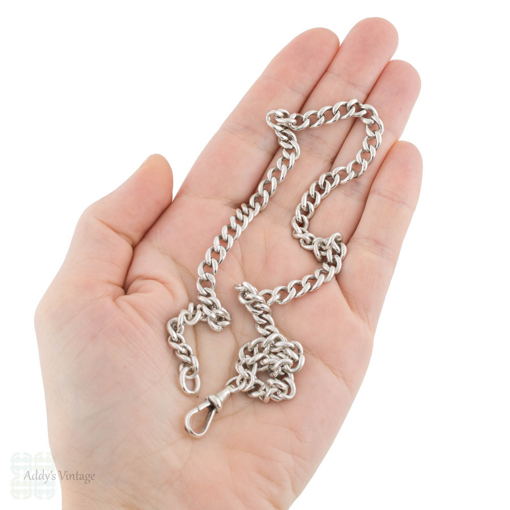 Antique Sterling Silver Curb Link Watch Chain, 17" Necklace with Swivel Dog Clip.