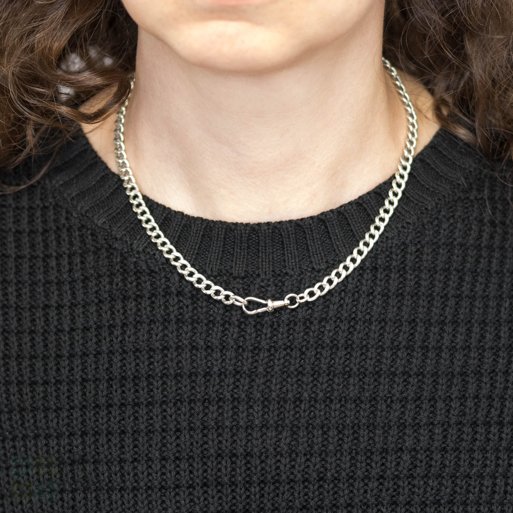 Antique Sterling Silver Curb Link Watch Chain, 17" Necklace with Swivel Dog Clip.
