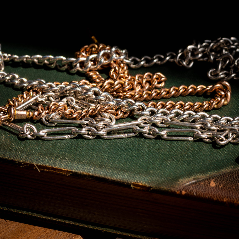 Antique Sterling Silver Curb Link Watch Chain, 17" Necklace with Swivel Dog Clip.