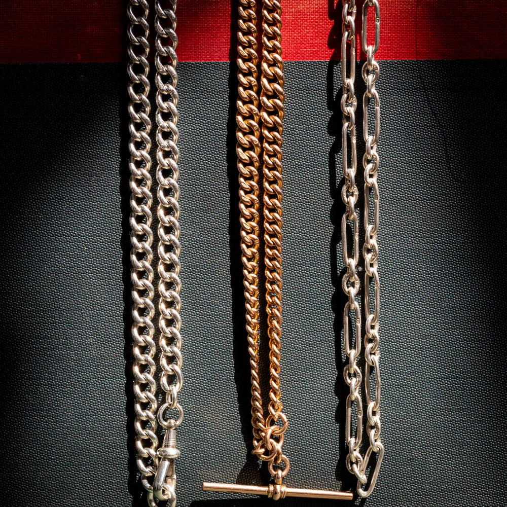 Antique Sterling Silver Curb Link Watch Chain, 17