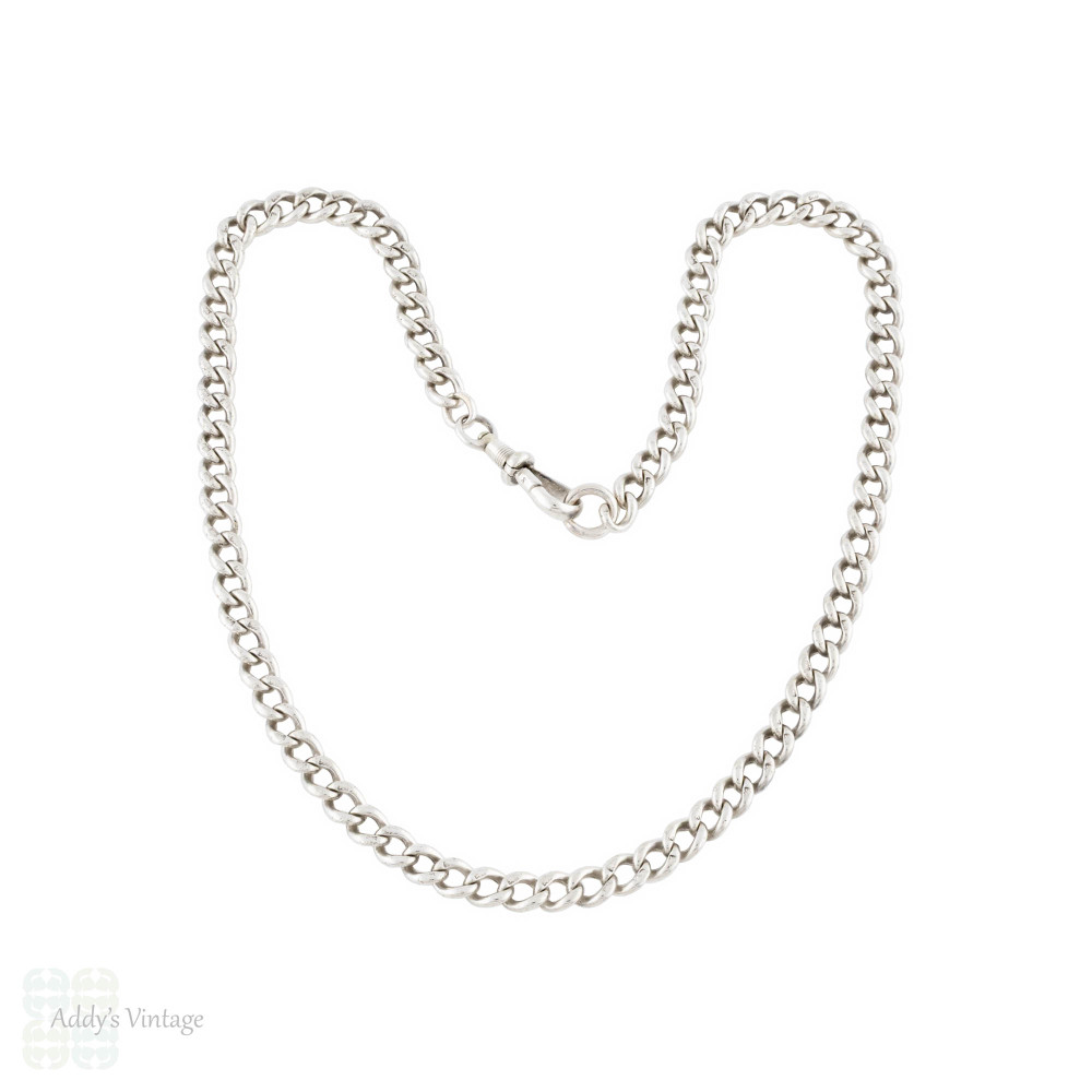 Antique Sterling Silver Curb Link Watch Chain, 17" Necklace with Swivel Dog Clip.