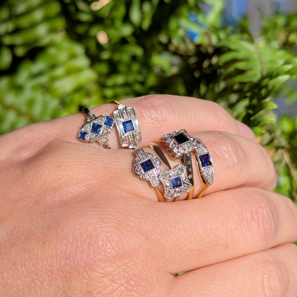 French Cut Sapphire & Rose Cut Diamond Three Stone Art Deco 18ct Ring.
