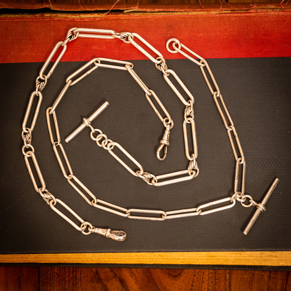 Victorian Sterling Silver Trombone & Love Knot Link Chain Necklace, 15 inches.