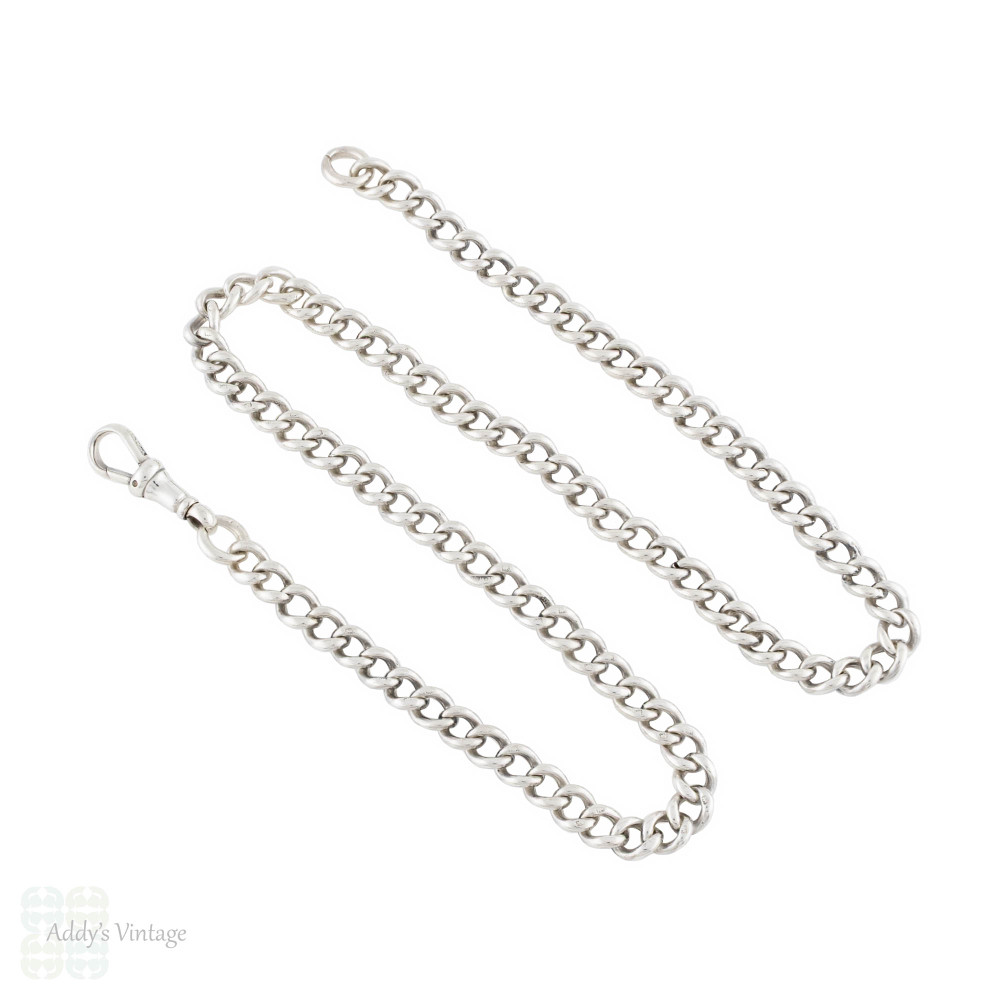 Antique Edwardian Sterling Silver Curb Link Watch Chain, 18" Necklace with Dog Clip.