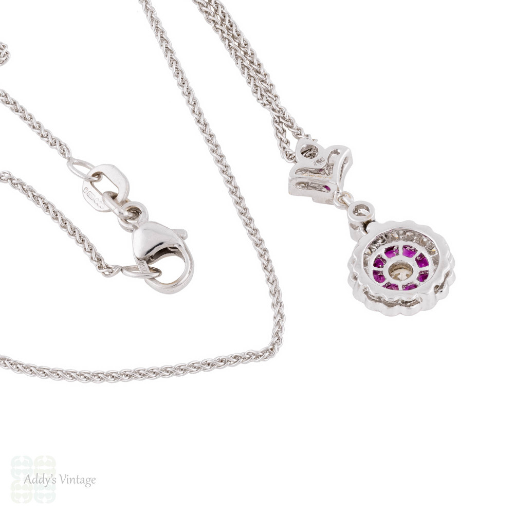 Vintage 18ct White Gold Diamond & Ruby Art Deco Style Target Necklace.