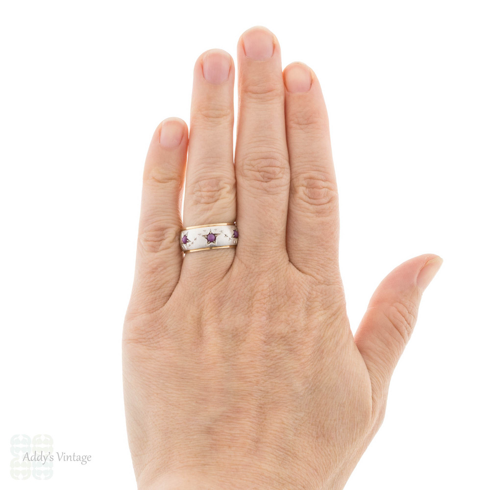 Vintage Star Engraved Wide 14k Gold Ruby Eternity Ring, Size N.5 / 7.