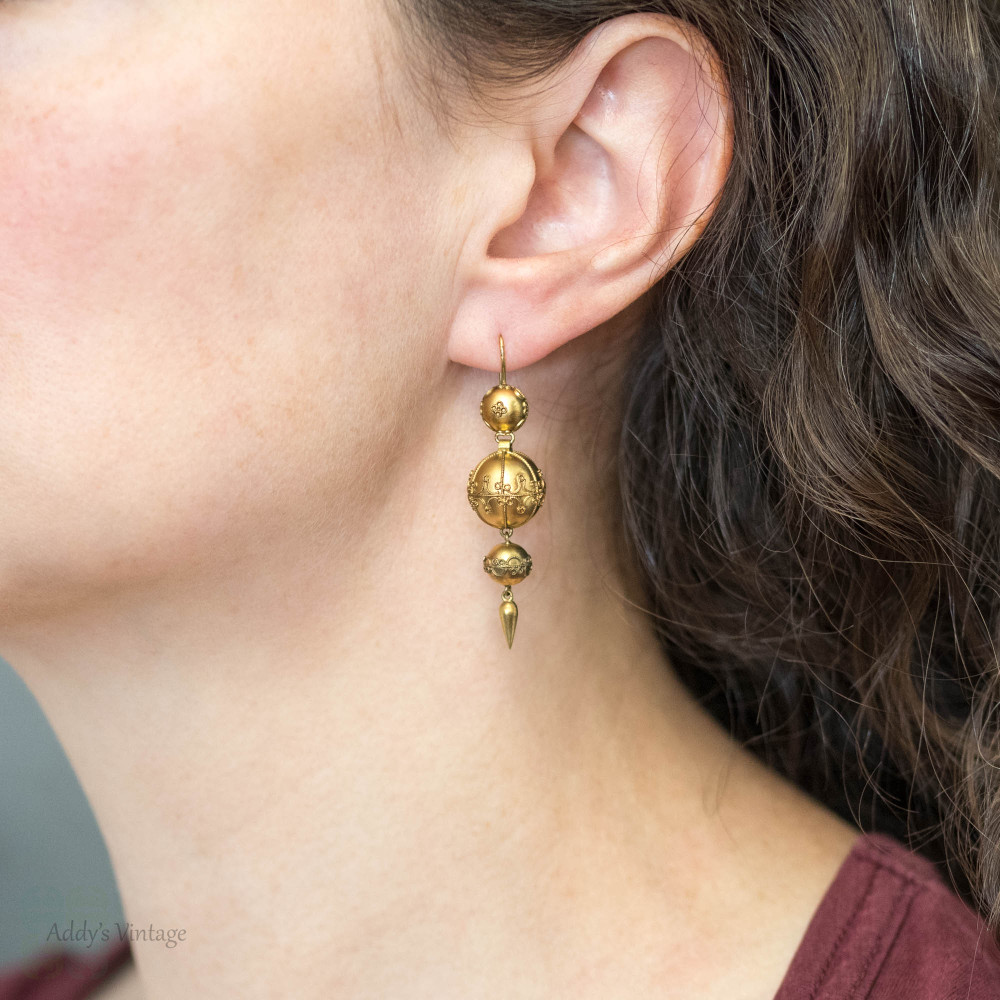 Victorian Etruscan Revival Earrings, 15ct Gold Cannetille Sphere Drops.