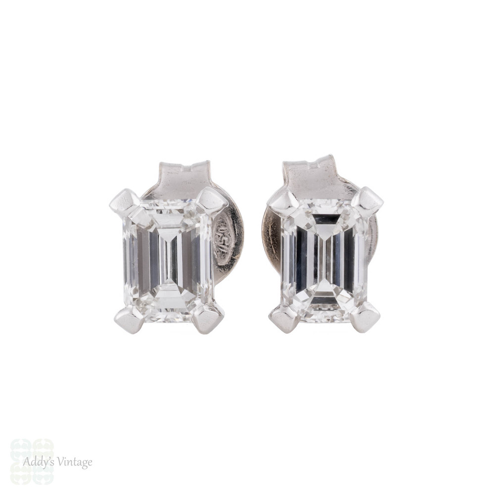 Emerald Cut Diamond Stud Earrings, 0.90ctw, in 18ct White Gold with report.
