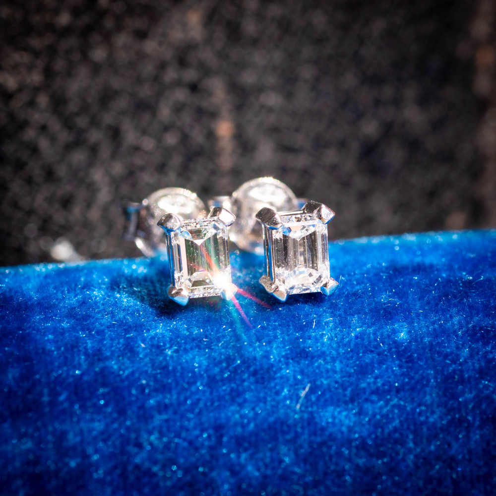 Emerald Cut Diamond Stud Earrings, 0.90ctw, in 18ct White Gold with report.