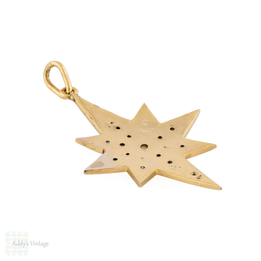 Victorian North Star 12ct Gold Blue Enamel & Split Pearl Pendant.