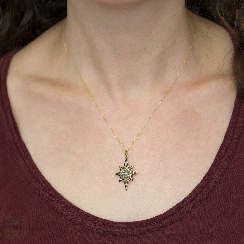 Victorian North Star 12ct Gold Blue Enamel & Split Pearl Pendant.