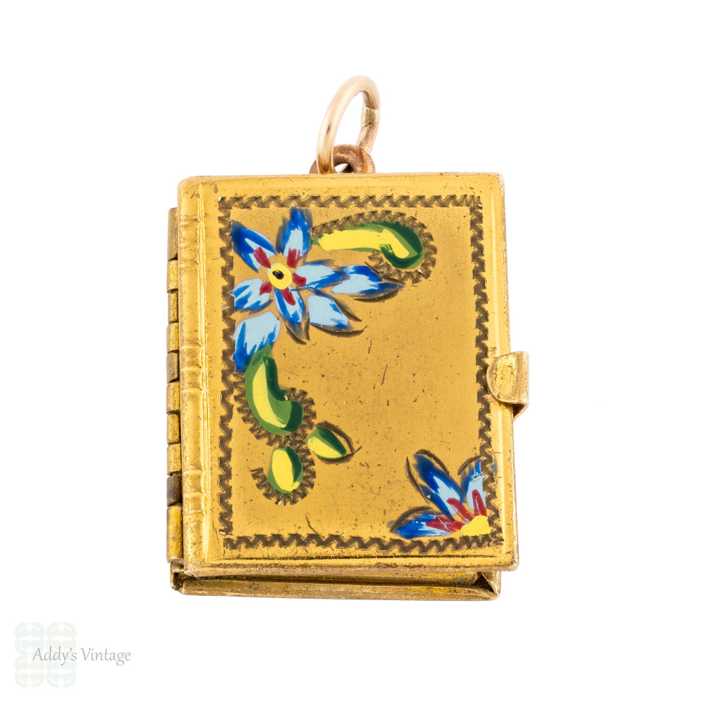 Antique Gold Filled & Floral Enamel Book Locket for 6 Photographs.