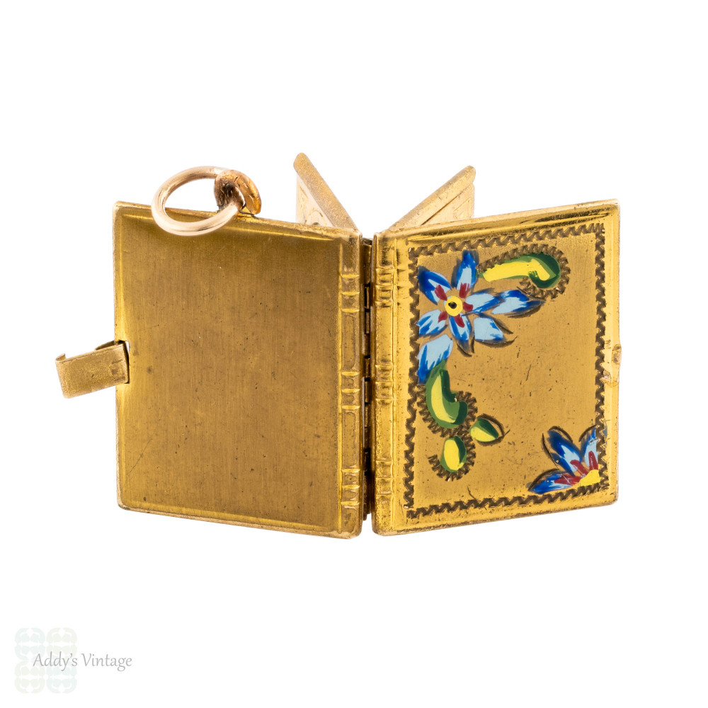 Antique Gold Filled & Floral Enamel Book Locket for 6 Photographs.