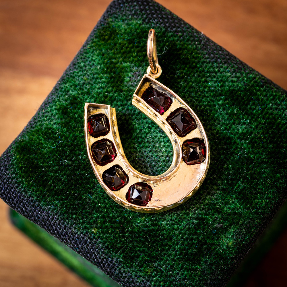 Antique 9ct Rose Gold Garnet Lucky Horseshoe Pendant.