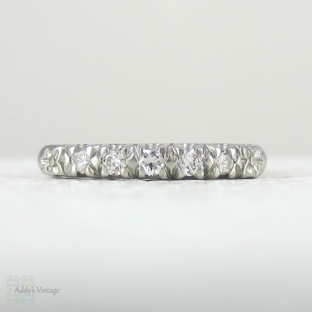 Platinum Half Hoop Diamond Wedding Ring. Five Stone Anniversary Ring with Engraved Flower Design, Circa 1920s.