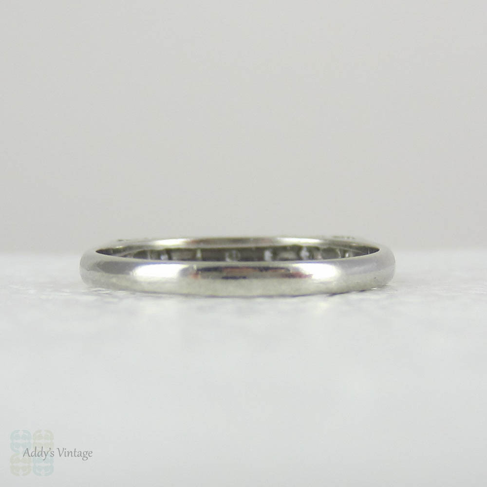 Platinum Half Hoop Diamond Wedding Ring. Five Stone Anniversary Ring with Engraved Flower Design, Circa 1920s.