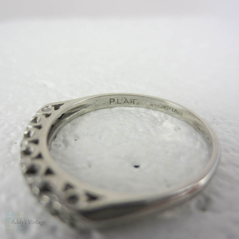 Platinum Half Hoop Diamond Wedding Ring. Five Stone Anniversary Ring with Engraved Flower Design, Circa 1920s.