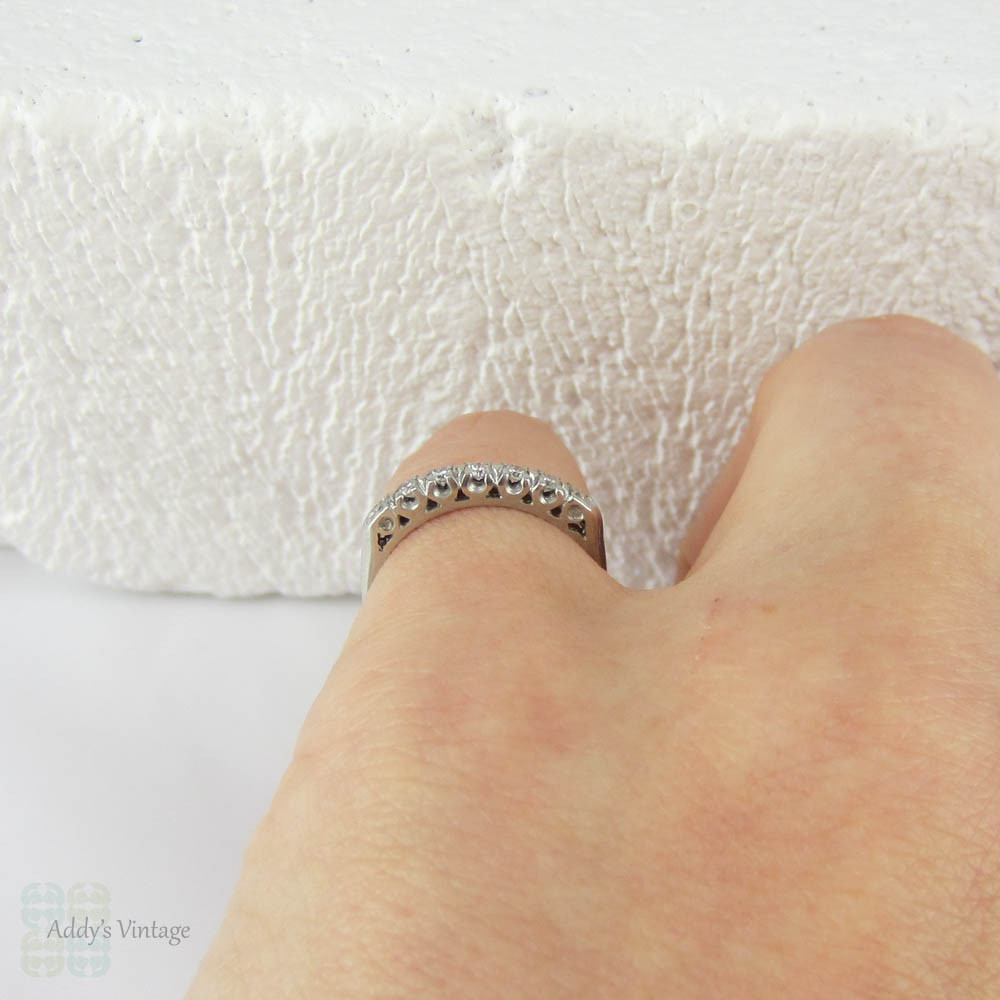 Platinum Half Hoop Diamond Wedding Ring. Five Stone Anniversary Ring with Engraved Flower Design, Circa 1920s.