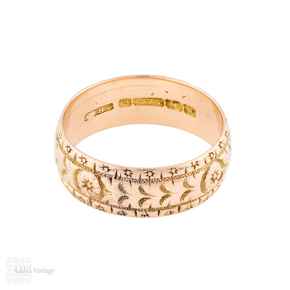 Edwardian Engraved 9ct Gold Wide Flower & Leaf, Circa 1900s. Size M / 6.25.