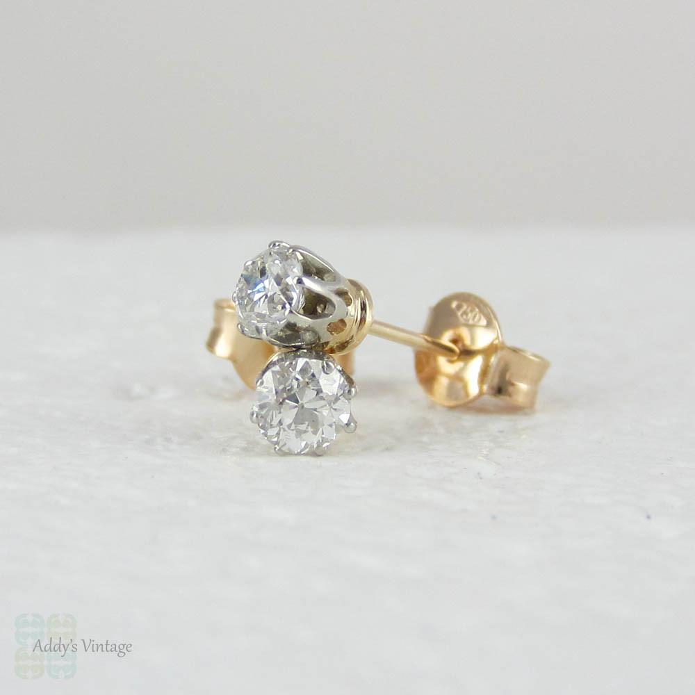 Antique Diamond Stud Earrings, Old European Cut Diamonds in Classic Crown Style Setting in 18 Carat Rose Gold & Platinum.