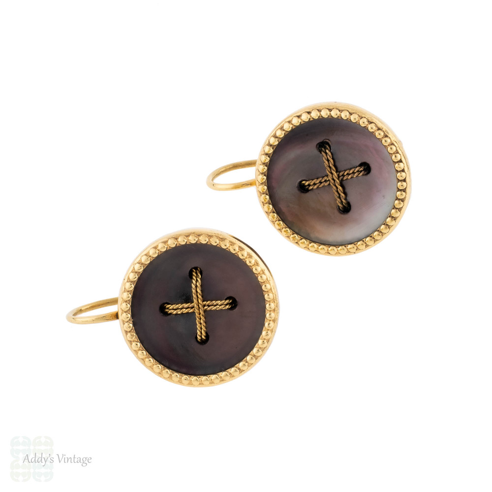 Mother of Pearl Button Earrings, 9ct Gold Front Drop Earrings, Antique Conversion.