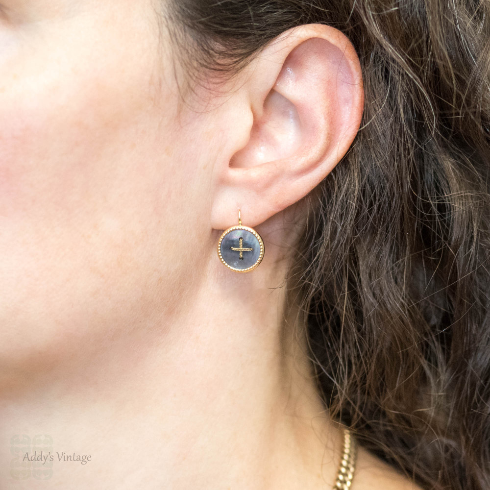 Mother of Pearl Button Earrings, 9ct Gold Front Drop Earrings, Antique Conversion.