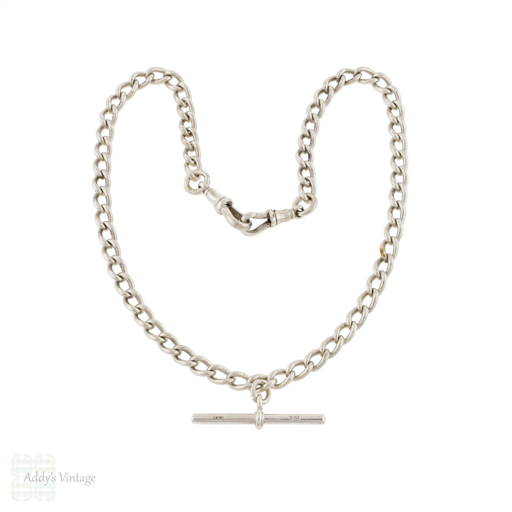 Edwardian Sterling Silver Curb Link Necklace, Antique Double Albert Chain 16.5 inches.
